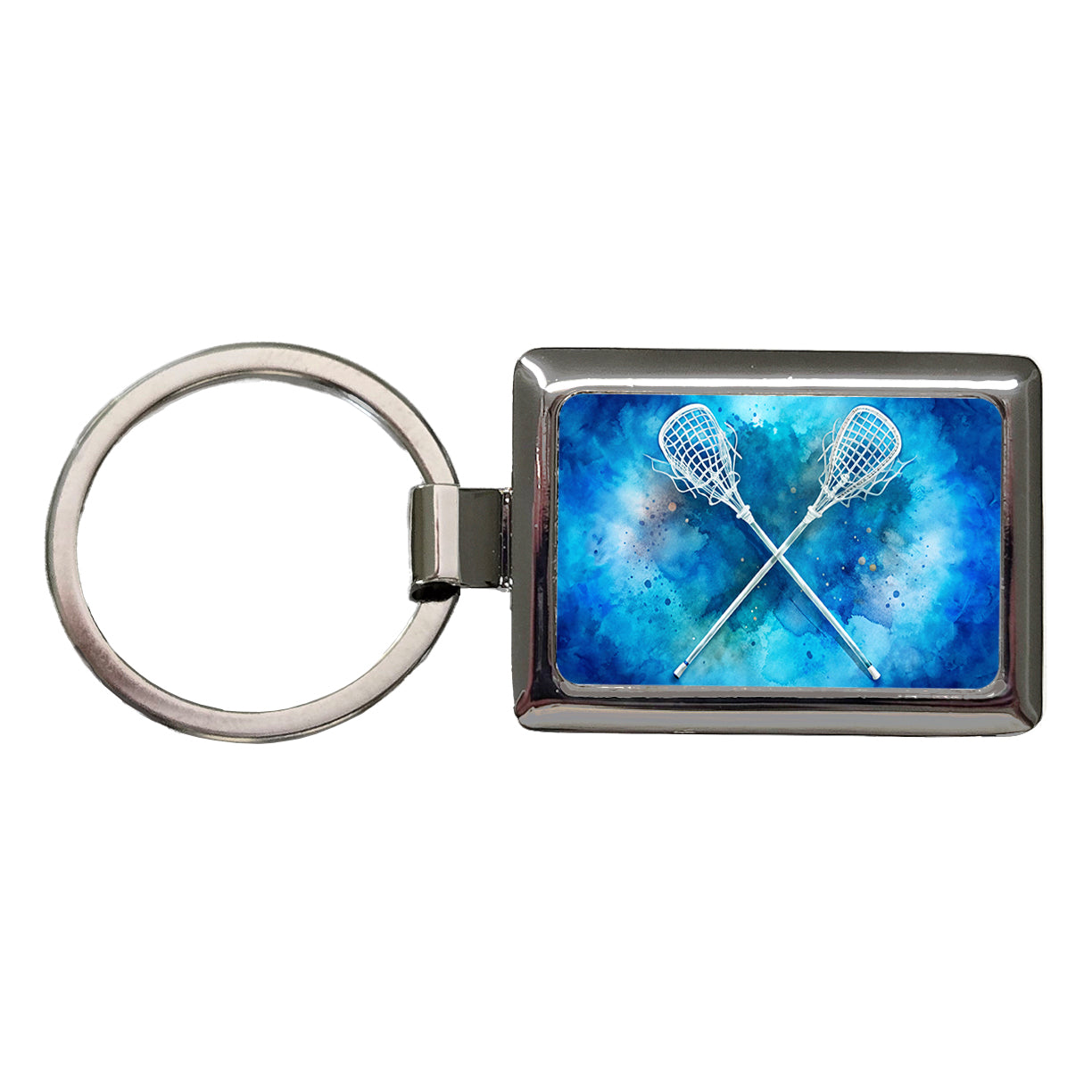 Crossed Lacrosse Sticks On Blue Background Rectangle Metal Keychain