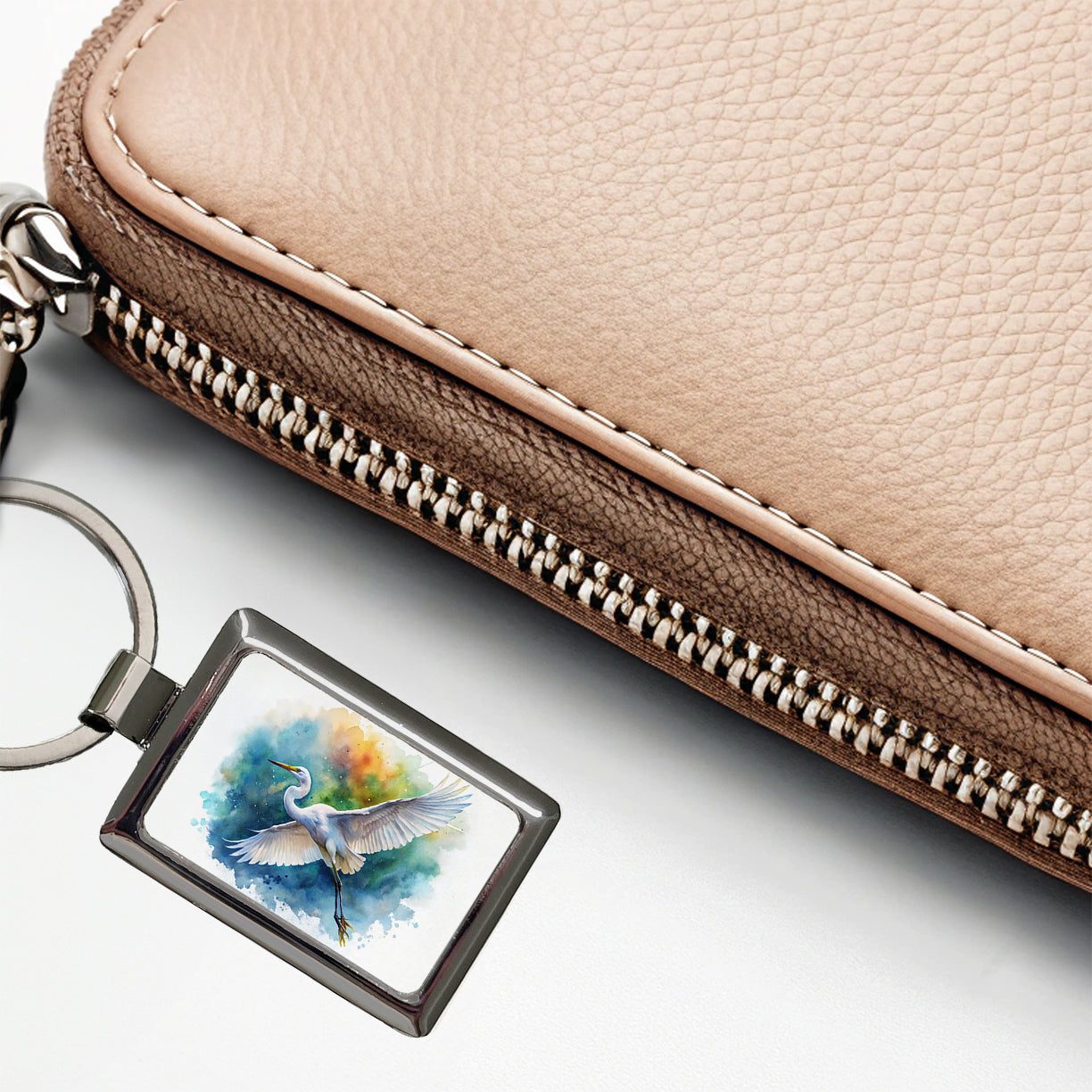 Egret In Flight Watercolor Rectangle Metal Keychain