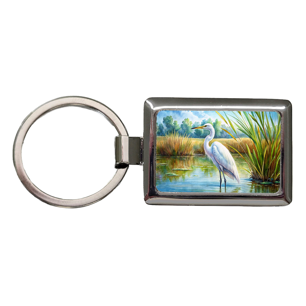 Egret Standing In Marshes Watercolor Rectangle Metal Keychain