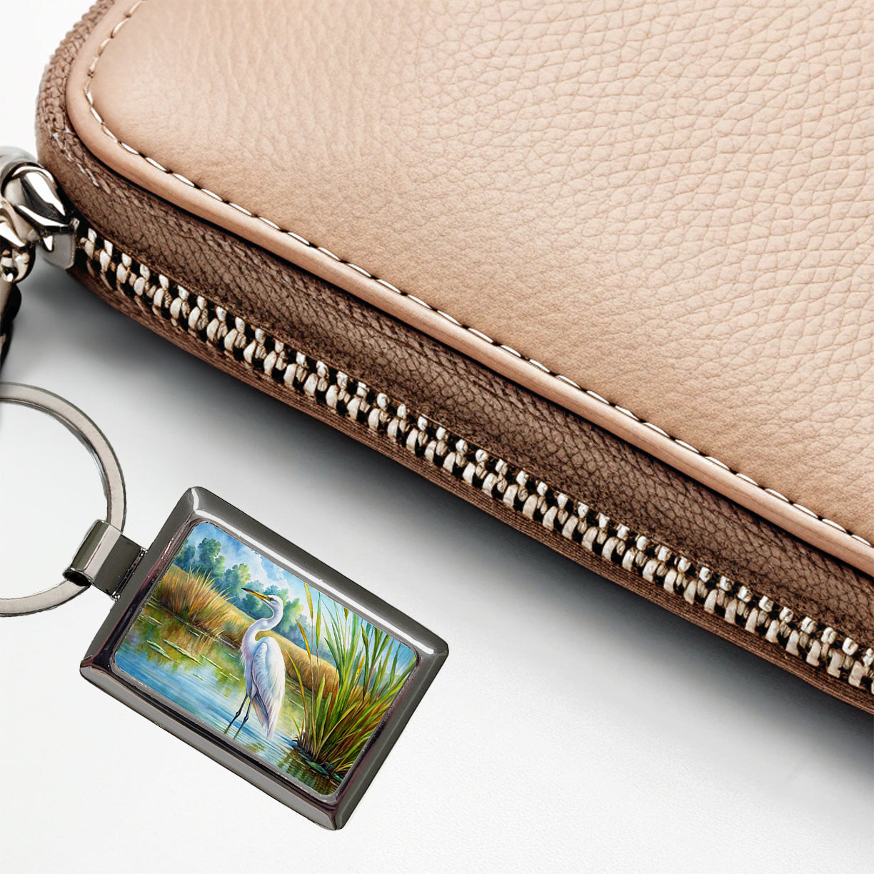 Egret Standing In Marshes Watercolor Rectangle Metal Keychain