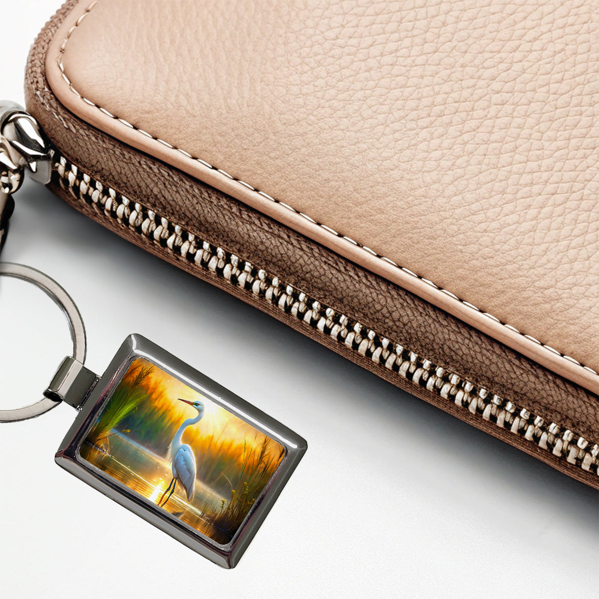 Egret Standing In Pond Backlit By The Sun Watercolor Rectangle Metal Keychain