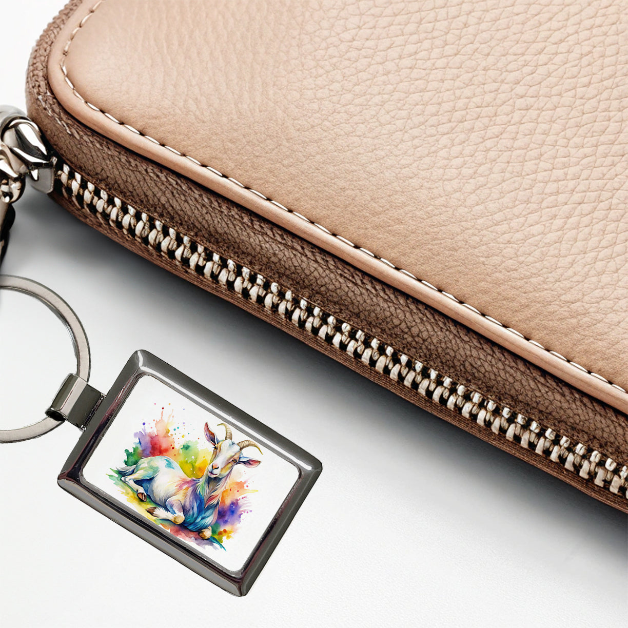 Fainting Goat Rainbow Colorful Watercolor Rectangle Metal Keychain
