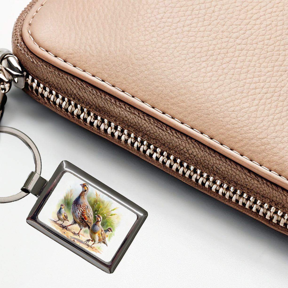 Family Of Partridges Running Watercolor Rectangle Metal Keychain