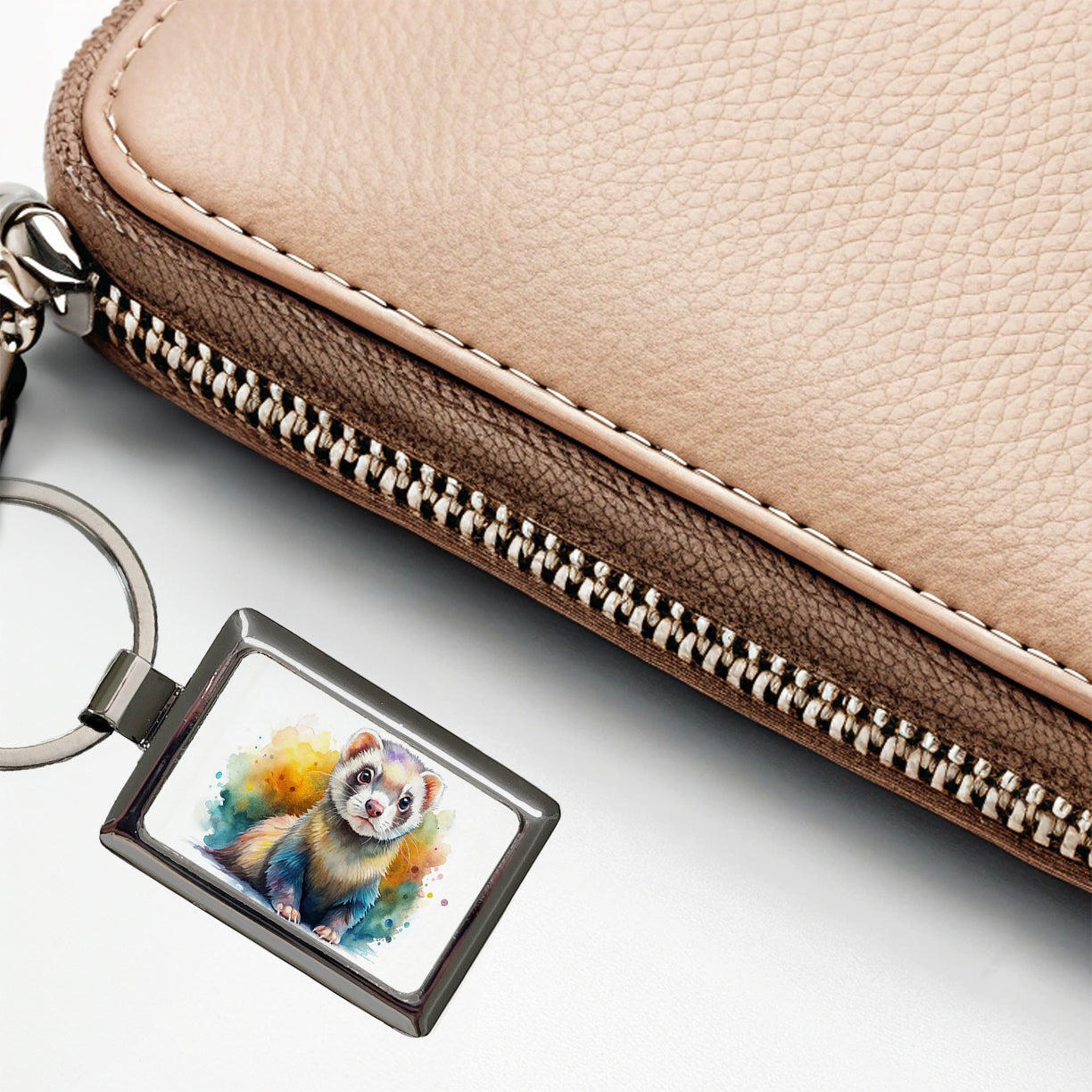 Ferret Colorful Watercolor Rectangle Metal Keychain