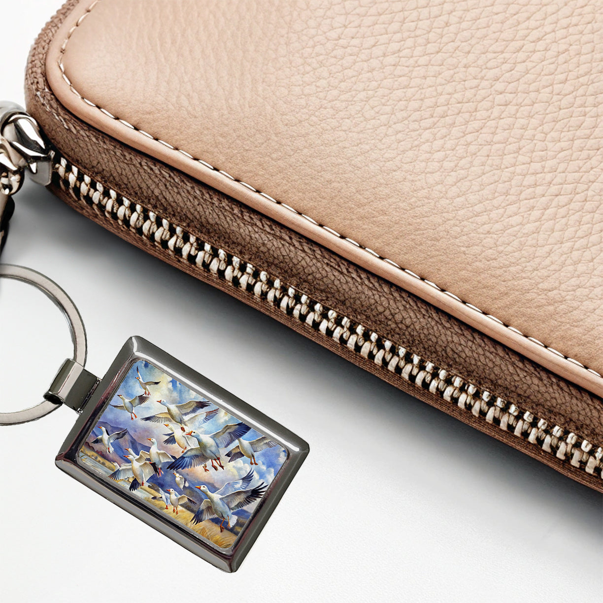 Flock Of Snow Geese In Flight Watercolor Rectangle Metal Keychain