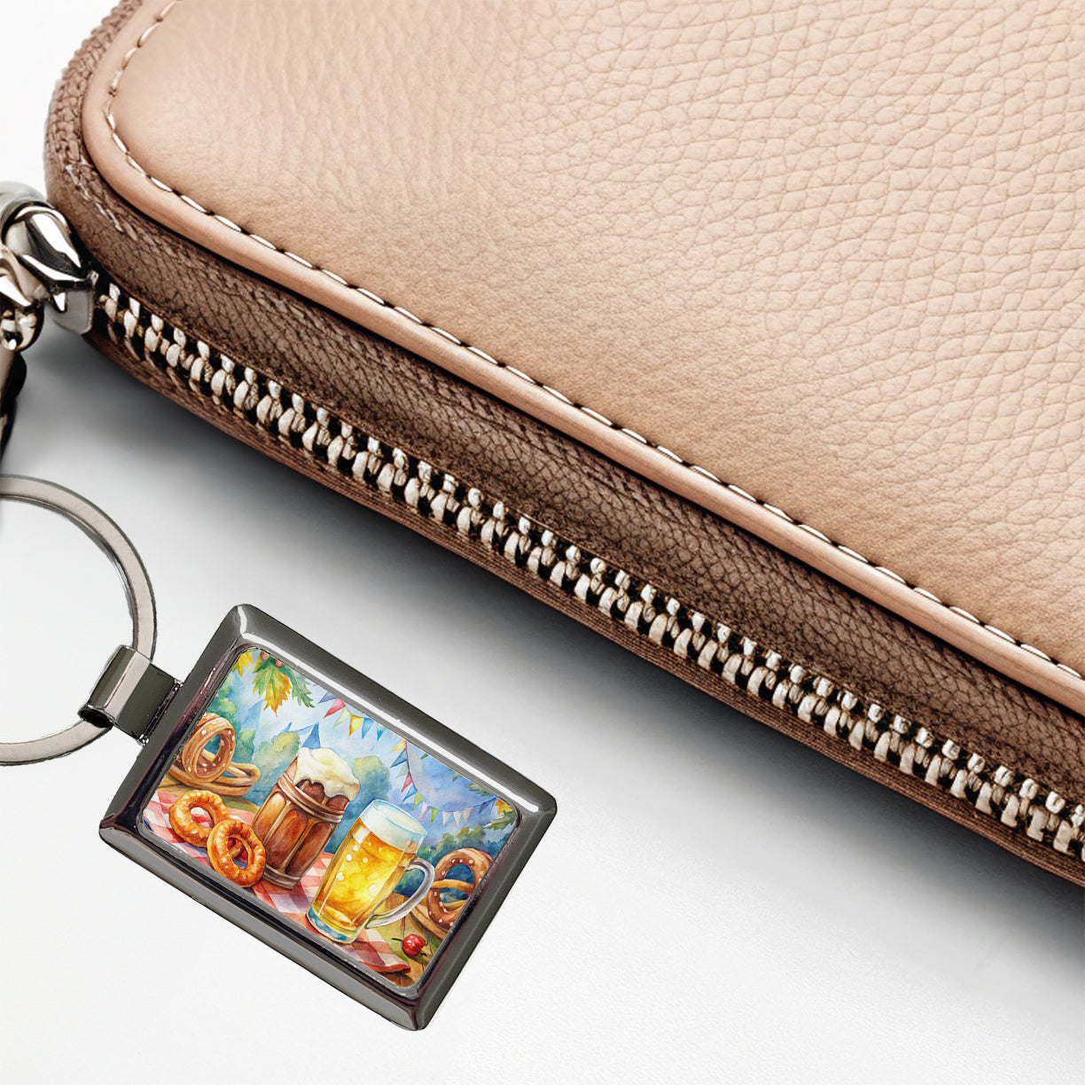 German Oktoberfest Beer Pretzel Watercolor Rectangle Metal Keychain