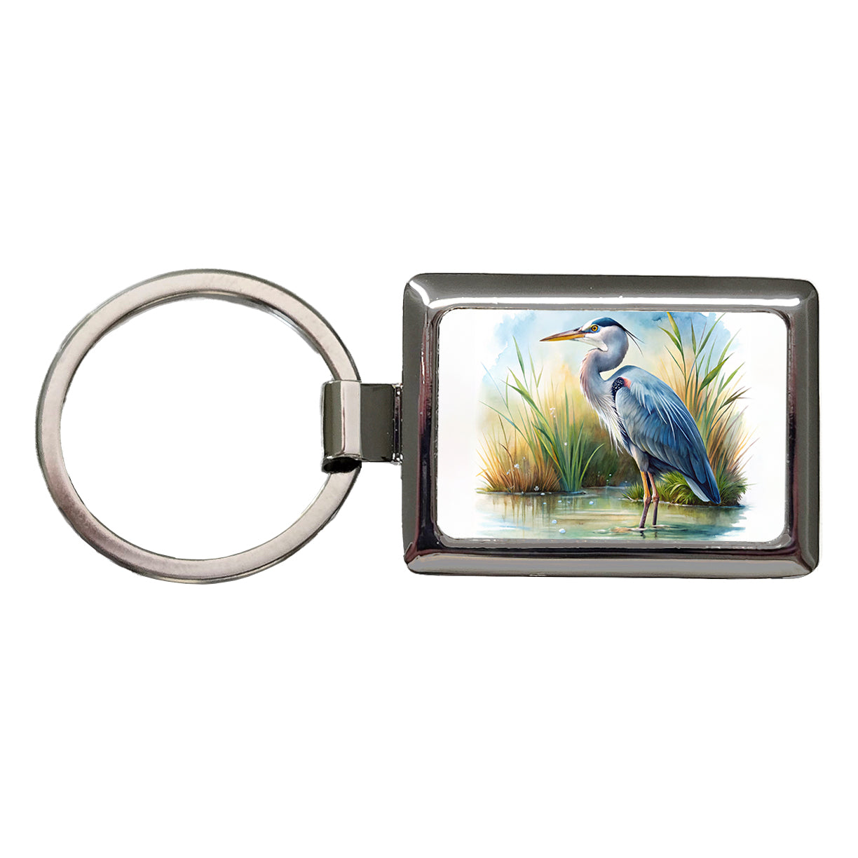 Great Blue Heron Standing In Marsh Pond Watercolor Rectangle Metal Keychain