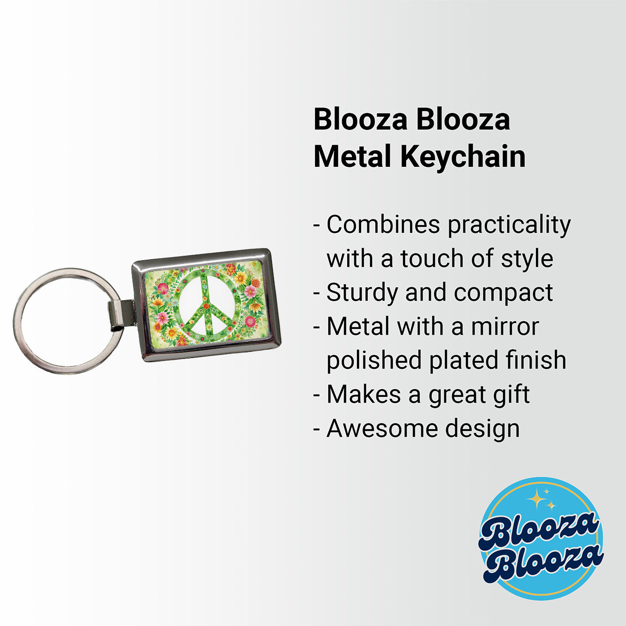 Green Peace Symbol Hippie Floral Watercolor Rectangle Metal Keychain