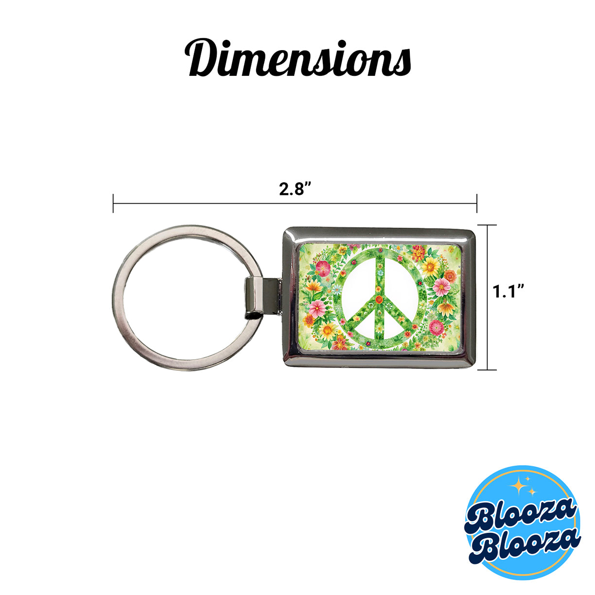 Green Peace Symbol Hippie Floral Watercolor Rectangle Metal Keychain