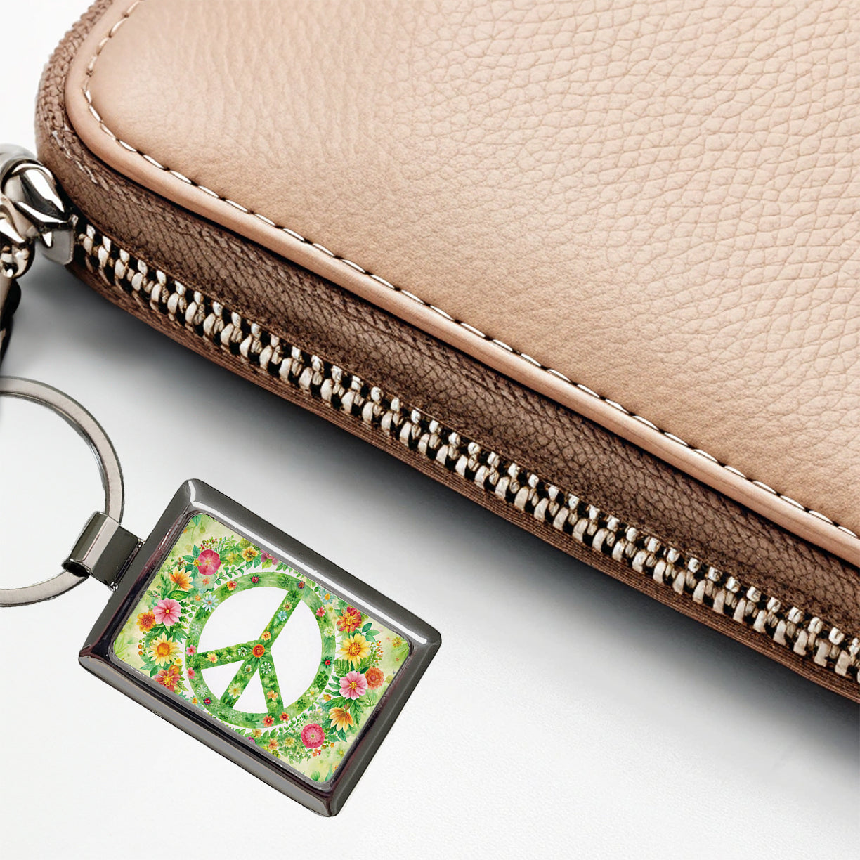 Green Peace Symbol Hippie Floral Watercolor Rectangle Metal Keychain