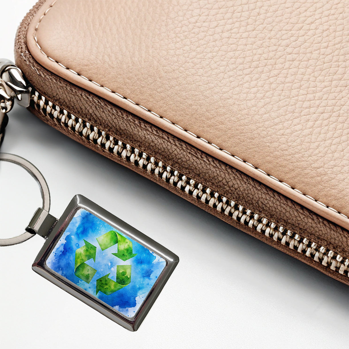 Green Recycle Symbol On A Blue Background Watercolor Rectangle Metal Keychain