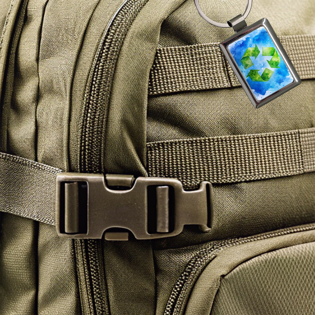 Green Recycle Symbol On A Blue Background Watercolor Rectangle Metal Keychain