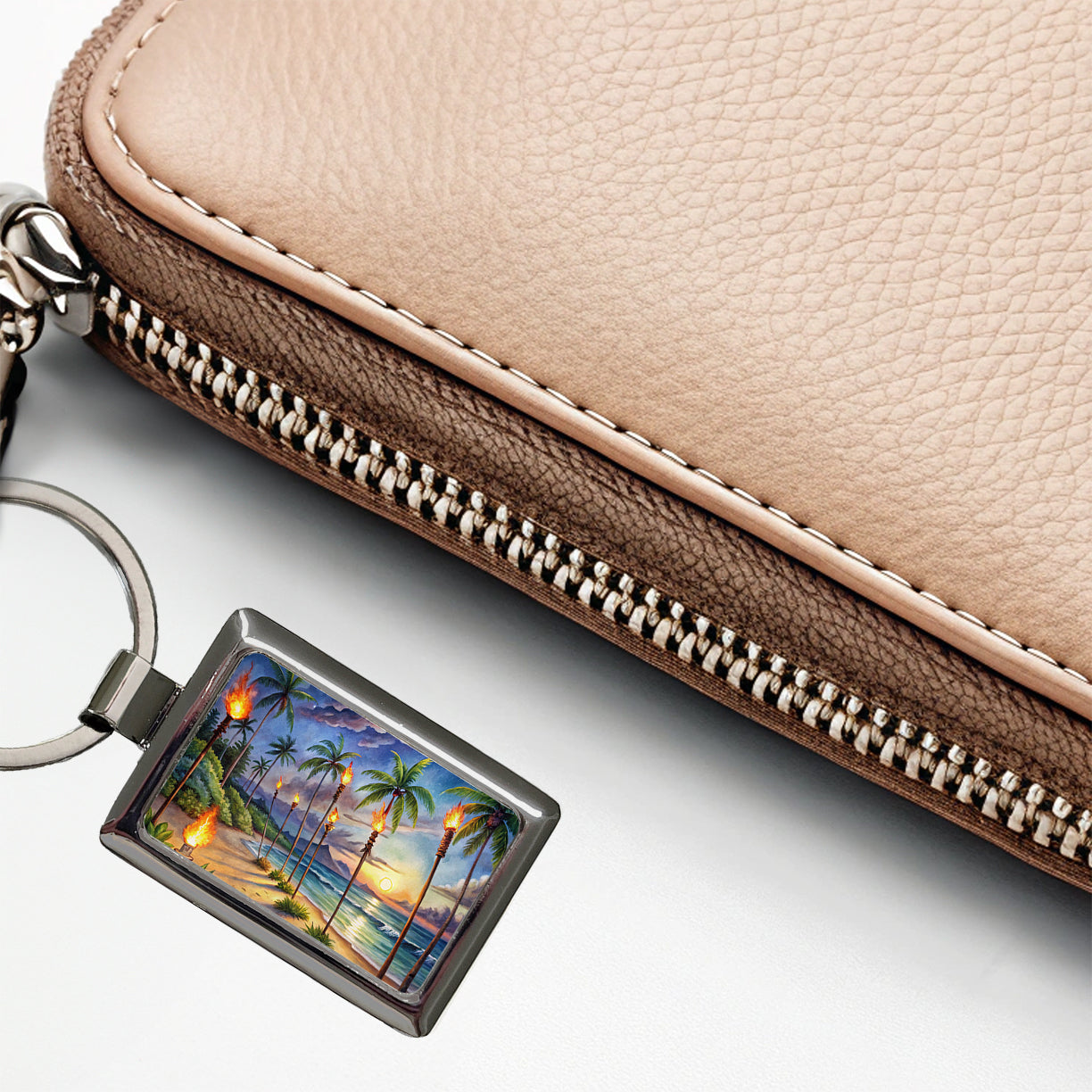 Hawaiian Tropical Beach Scene At Night Lit With Tiki Torches Rectangle Metal Keychain