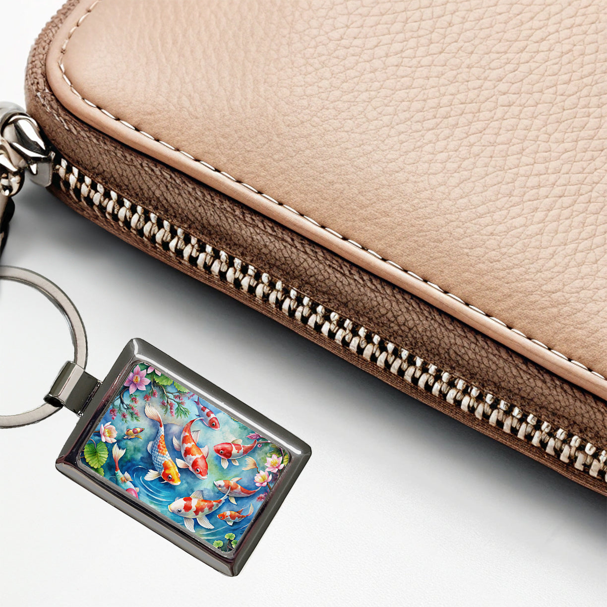 Japanese Koi Pond Scene Watercolor Rectangle Metal Keychain