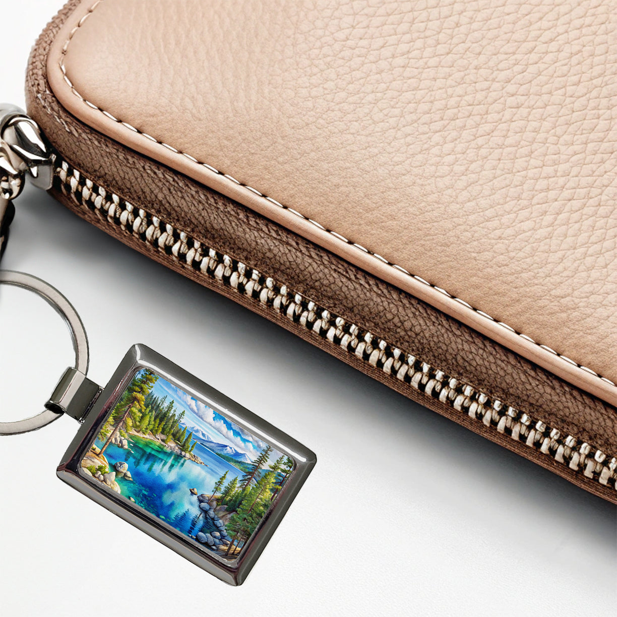 Lake Tahoe California Watercolor Rectangle Metal Keychain