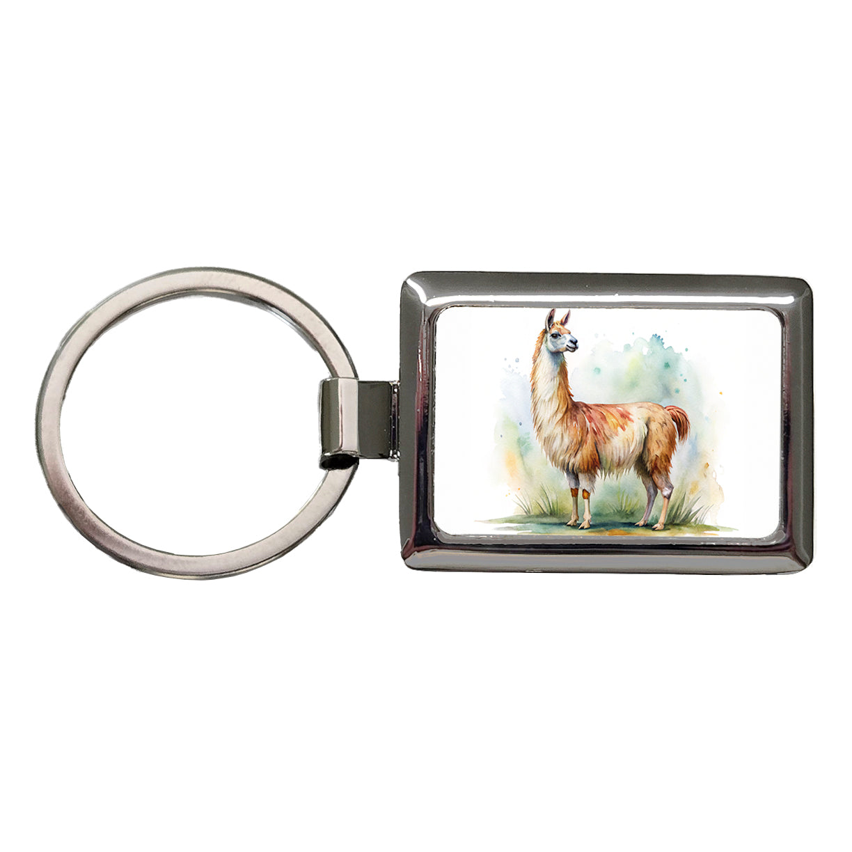 Llama Standing Watercolor Rectangle Metal Keychain