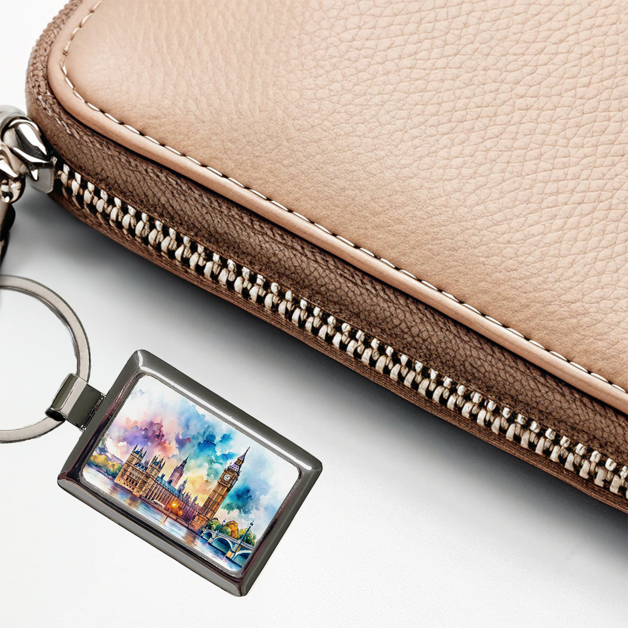 London Big Ben Scene Watercolor Rectangle Metal Keychain