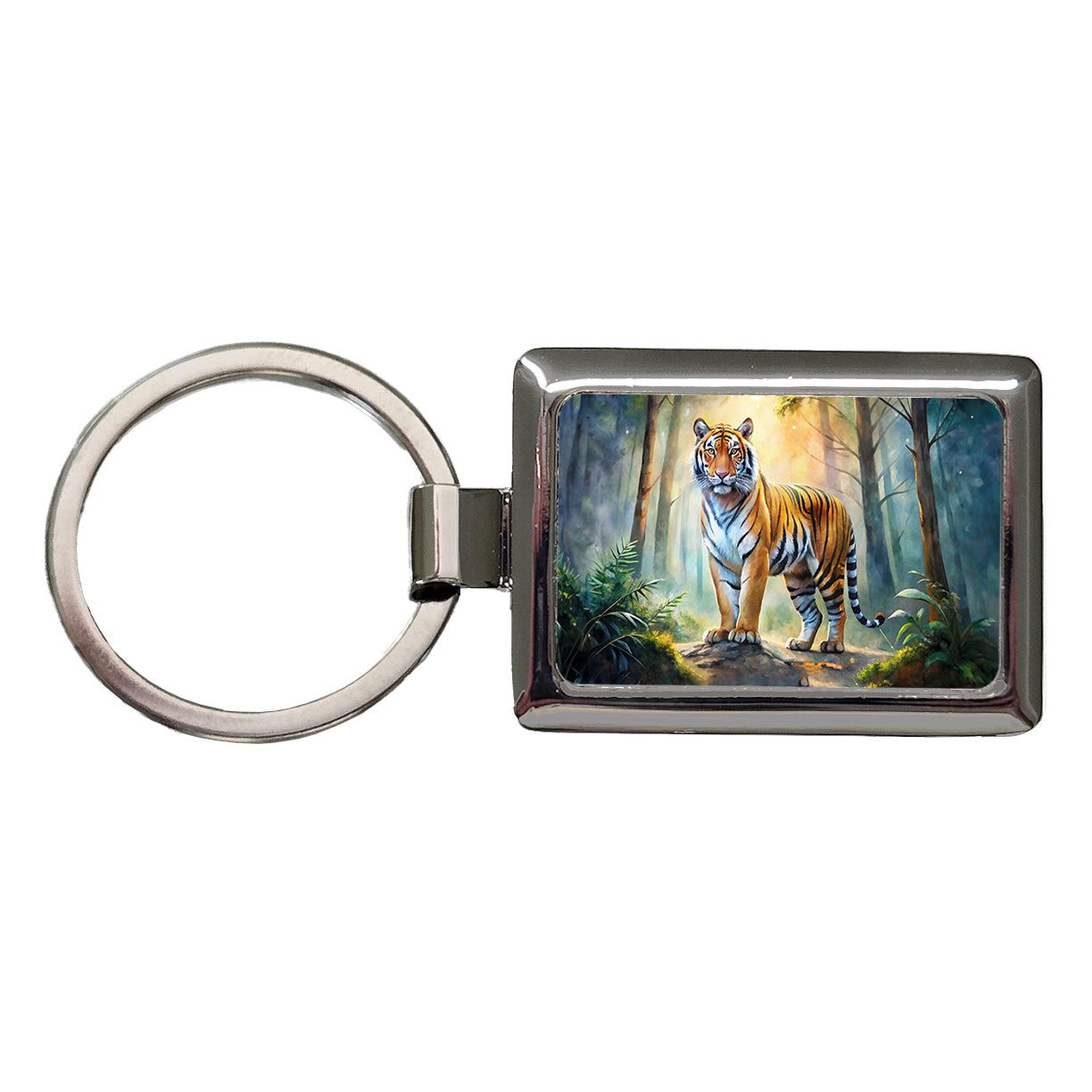 Majestic Tiger Standing In Forest Watercolor Rectangle Metal Keychain