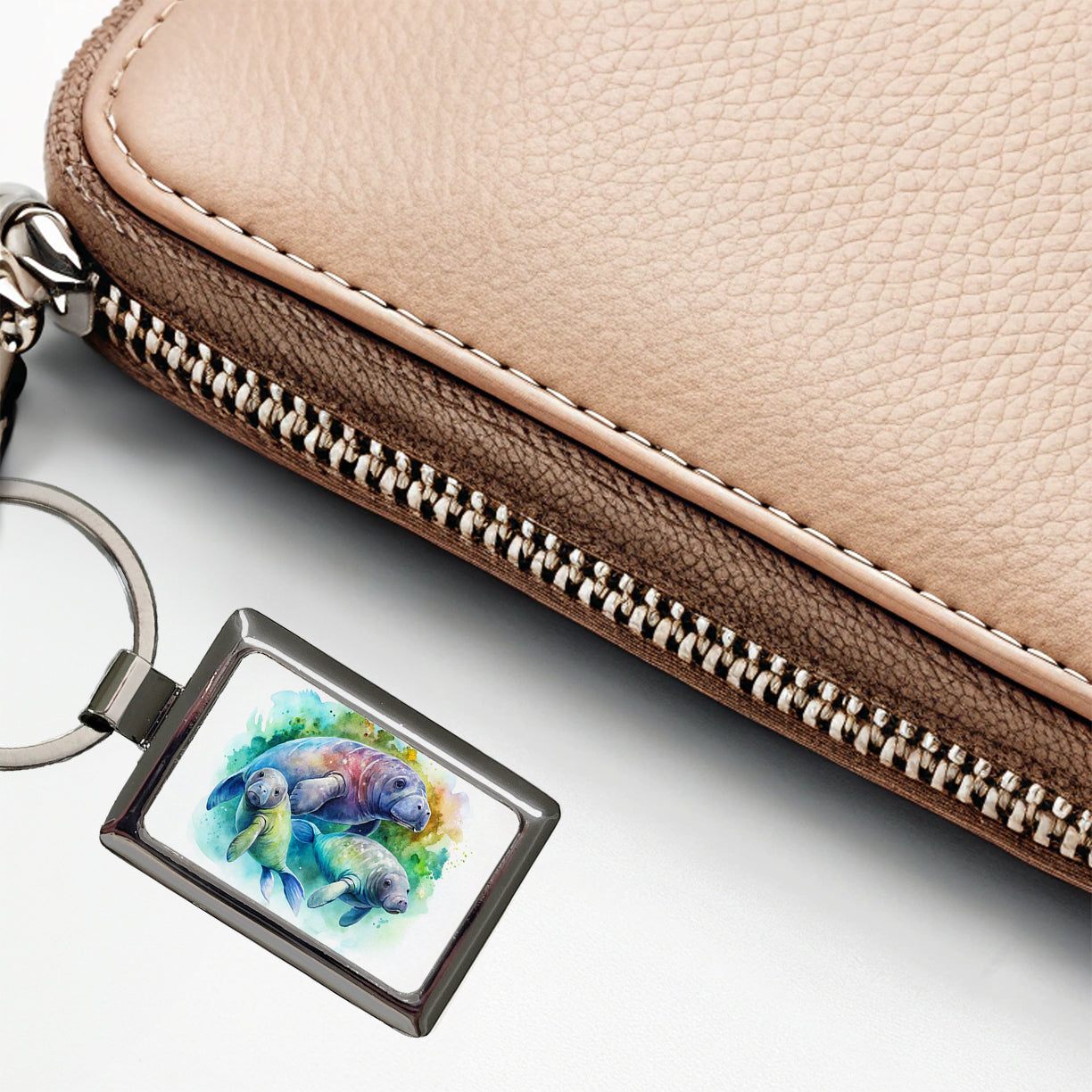 Manatees Family Watercolor Rectangle Metal Keychain