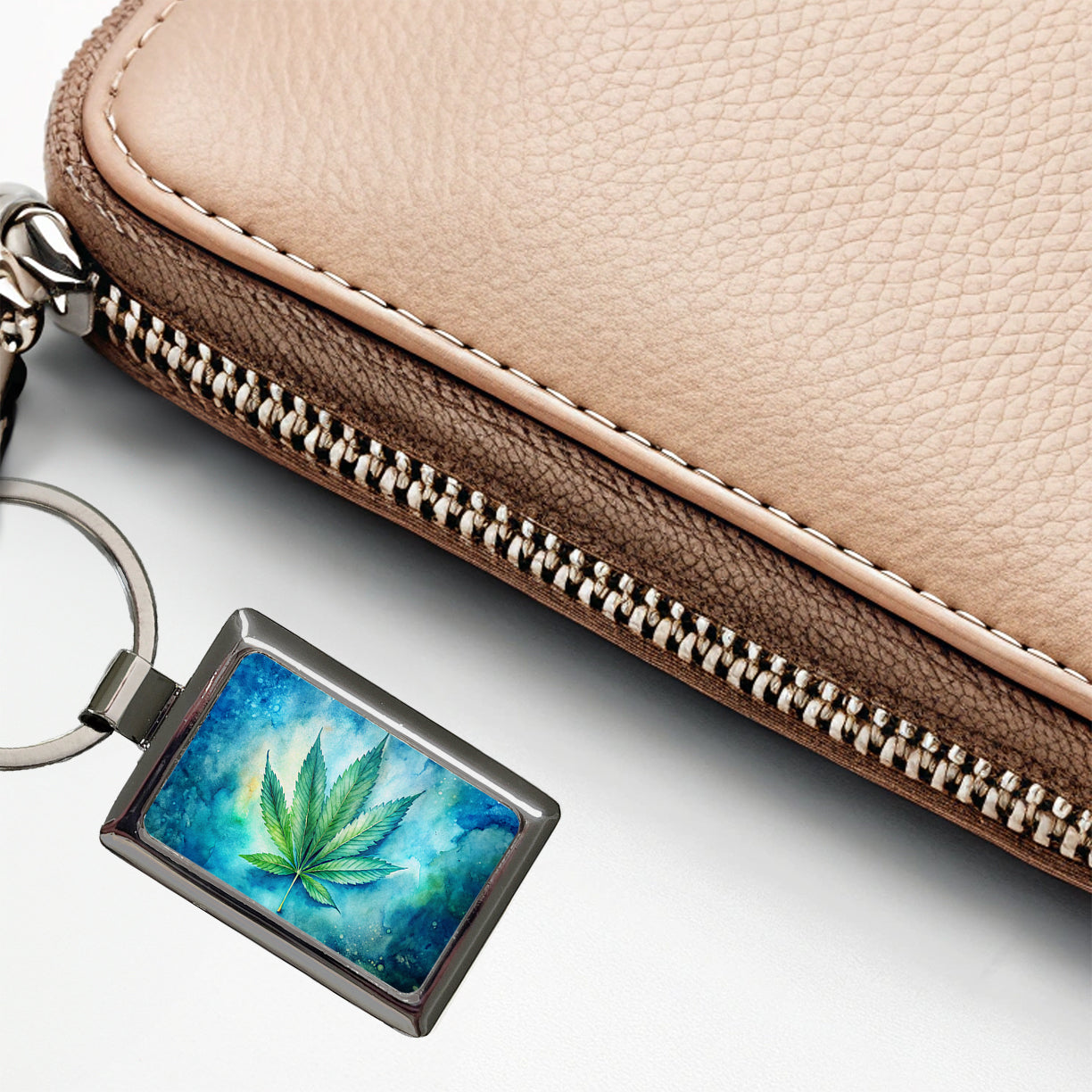 Marijuana Leaf on Blue Background Watercolor Rectangle Metal Keychain