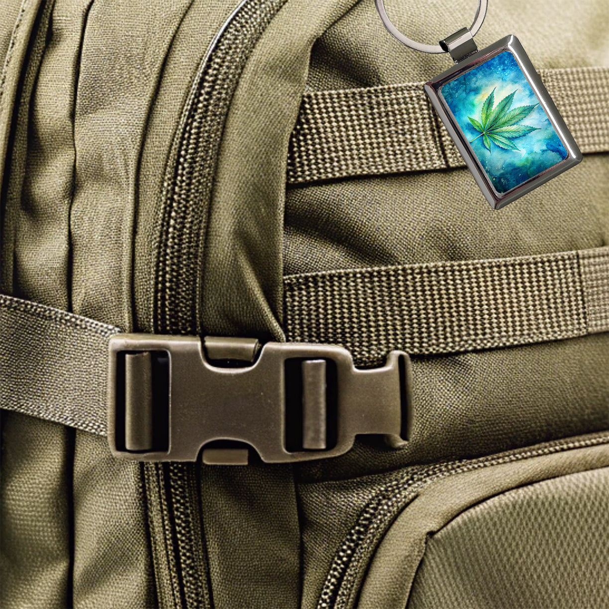 Marijuana Leaf on Blue Background Watercolor Rectangle Metal Keychain
