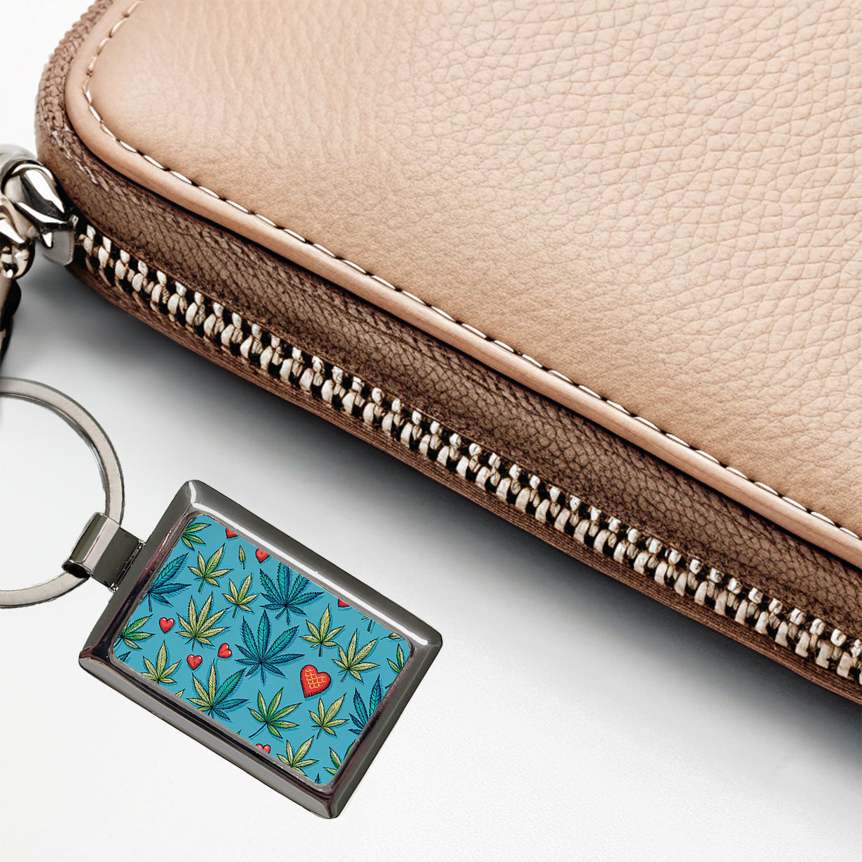 Marijuana Leaves And Hearts Blue Background Rectangle Metal Keychain