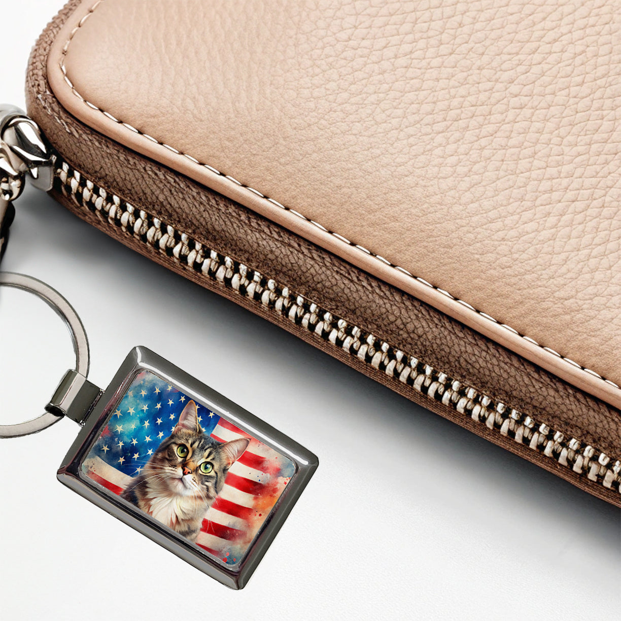 Patriotic Cat Watercolor American Flag Background Rectangle Metal Keychain