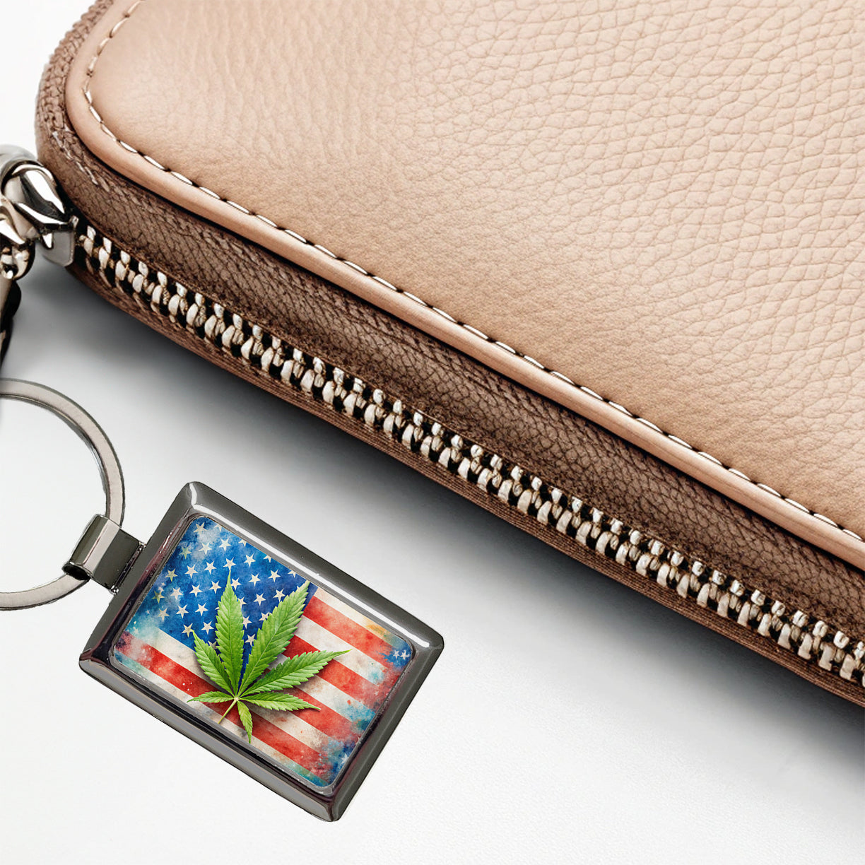 Patriotic Marijuana Leaf on American Flag Background Rectangle Metal Keychain