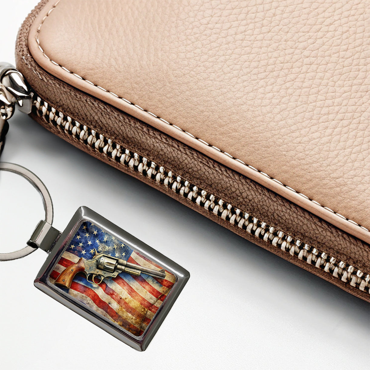 Patriotic Western Revolver With American Flag 2nd Amendment Watercolor Rectangle Metal Keychain