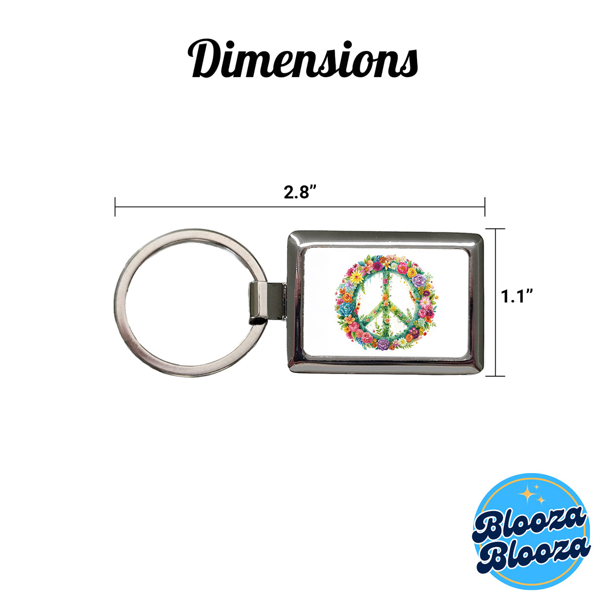 Peace Symbol Floral Watercolor Rectangle Metal Keychain