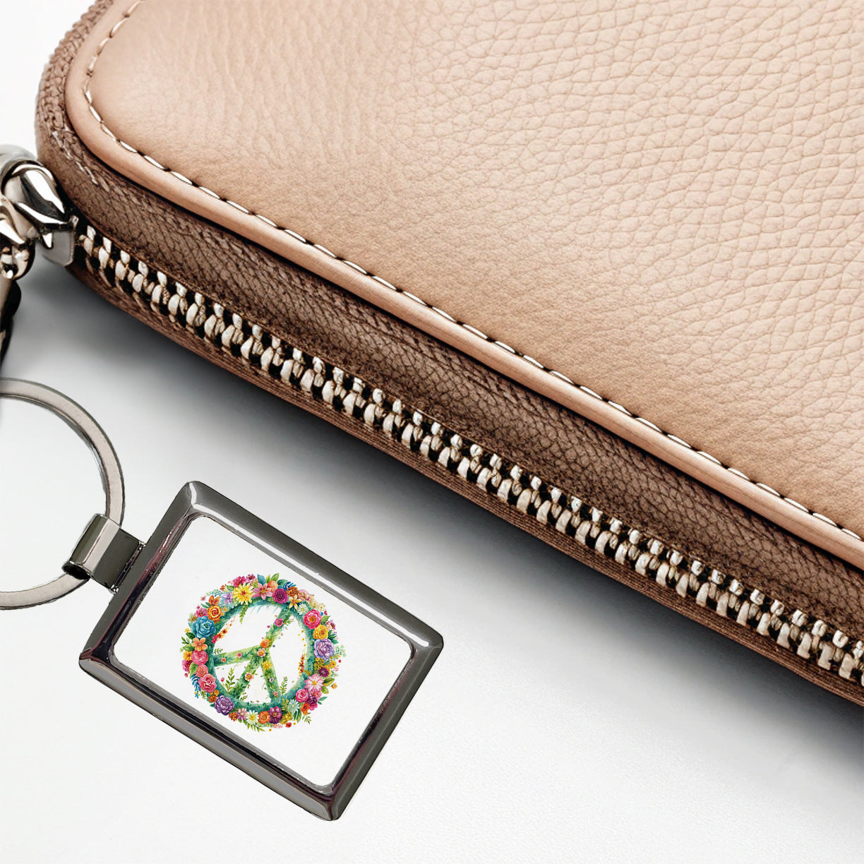 Peace Symbol Floral Watercolor Rectangle Metal Keychain