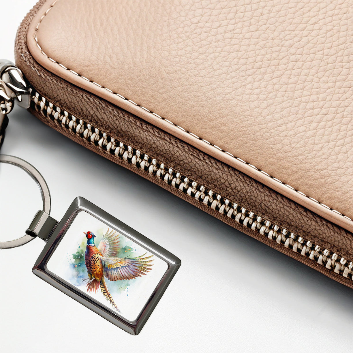 Pheasant In Flight Watercolor Rectangle Metal Keychain