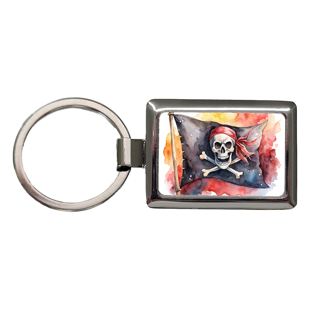 Pirate Jolly Roger Skull Crossbones Flag Watercolor Rectangle Metal Keychain