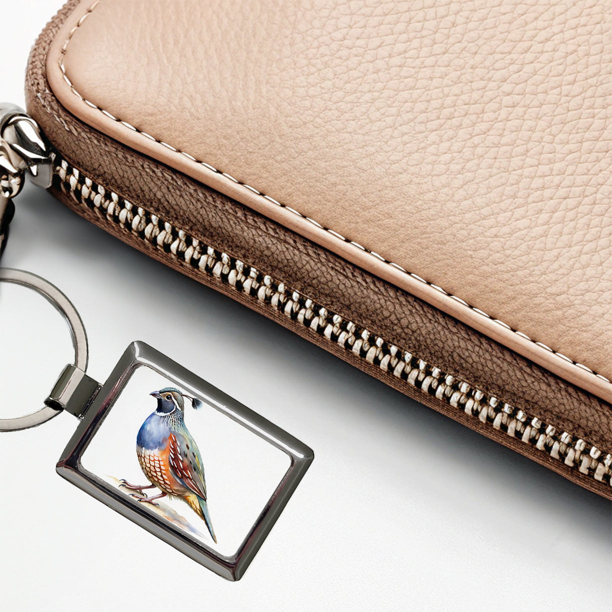 Quail Watercolor Rectangle Metal Keychain