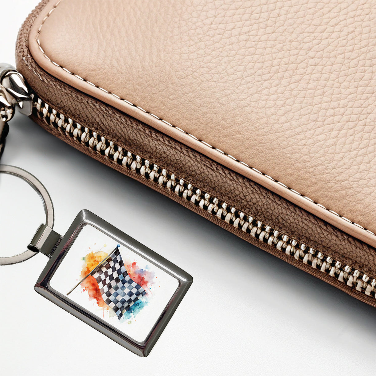 Racing Checkered Flag Watercolor Rectangle Metal Keychain
