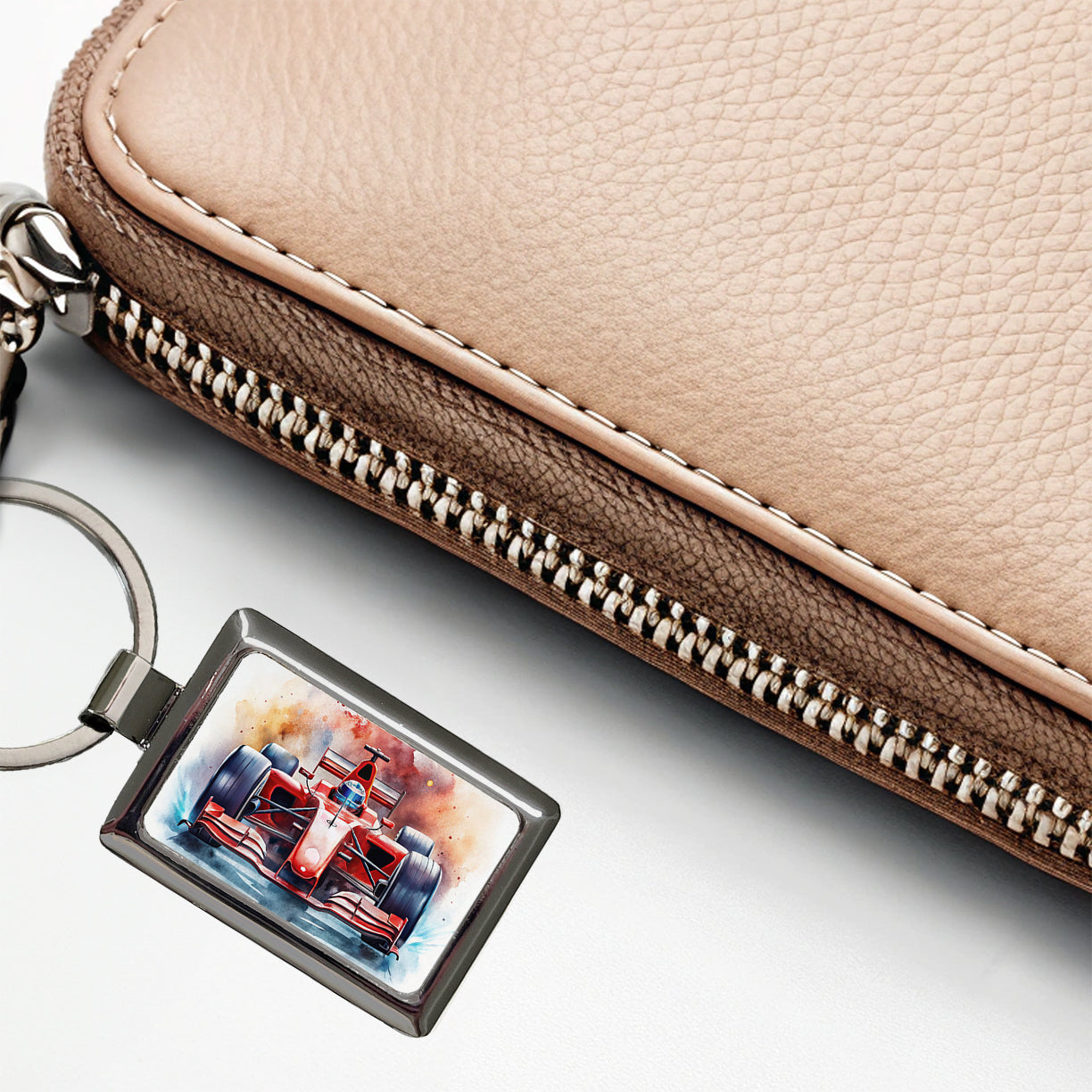 Red Sports Racing Car Watercolor Rectangle Metal Keychain