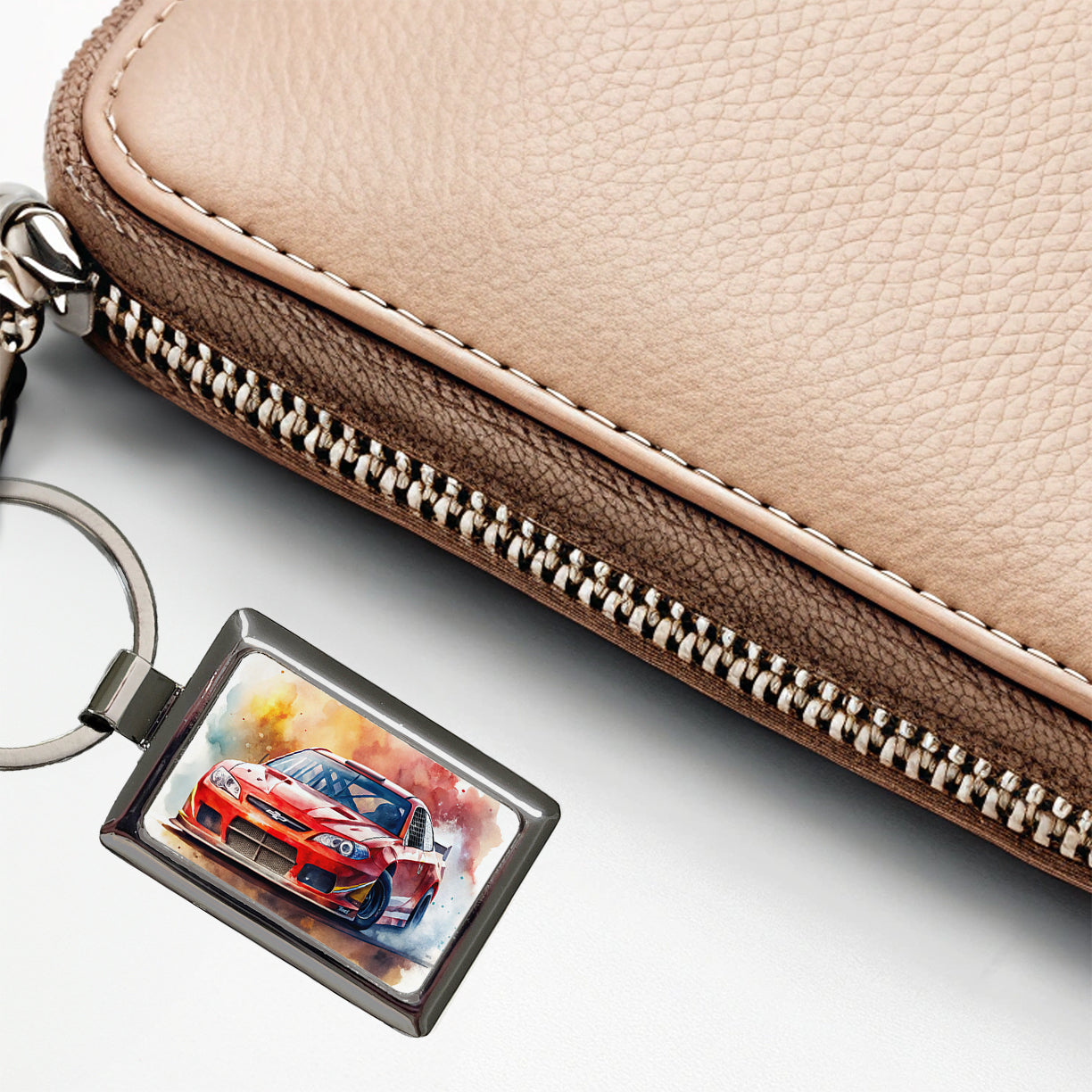 Red Stock Racing Car Watercolor Rectangle Metal Keychain