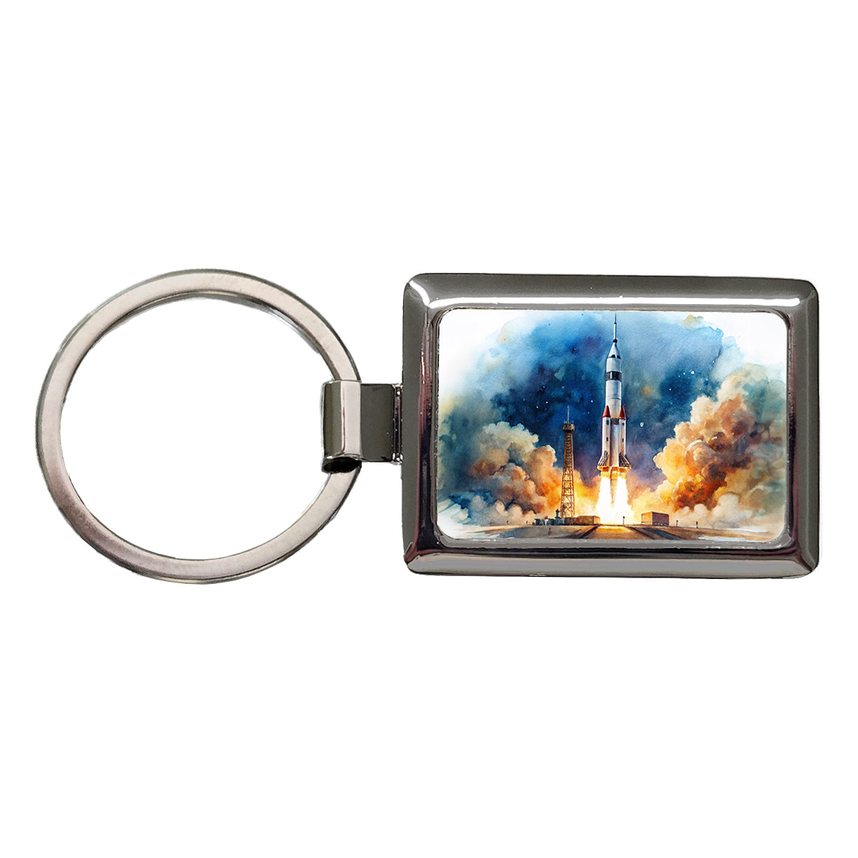 Rocket Spaceship Launch Sci-fi Watercolor Rectangle Metal Keychain