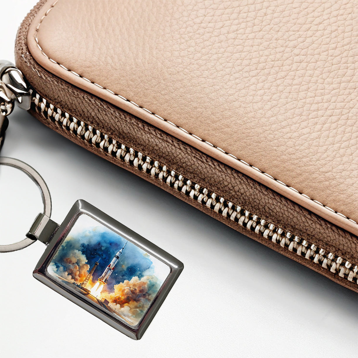Rocket Spaceship Launch Sci-fi Watercolor Rectangle Metal Keychain