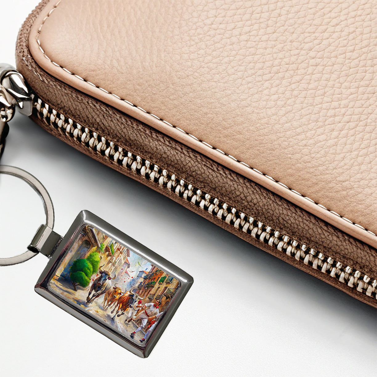 Running of the Bulls in Spain Rectangle Metal Keychain