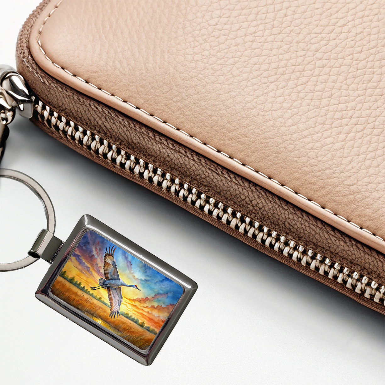 Sandhill Crane In Flight At Sunset Watercolor Rectangle Metal Keychain
