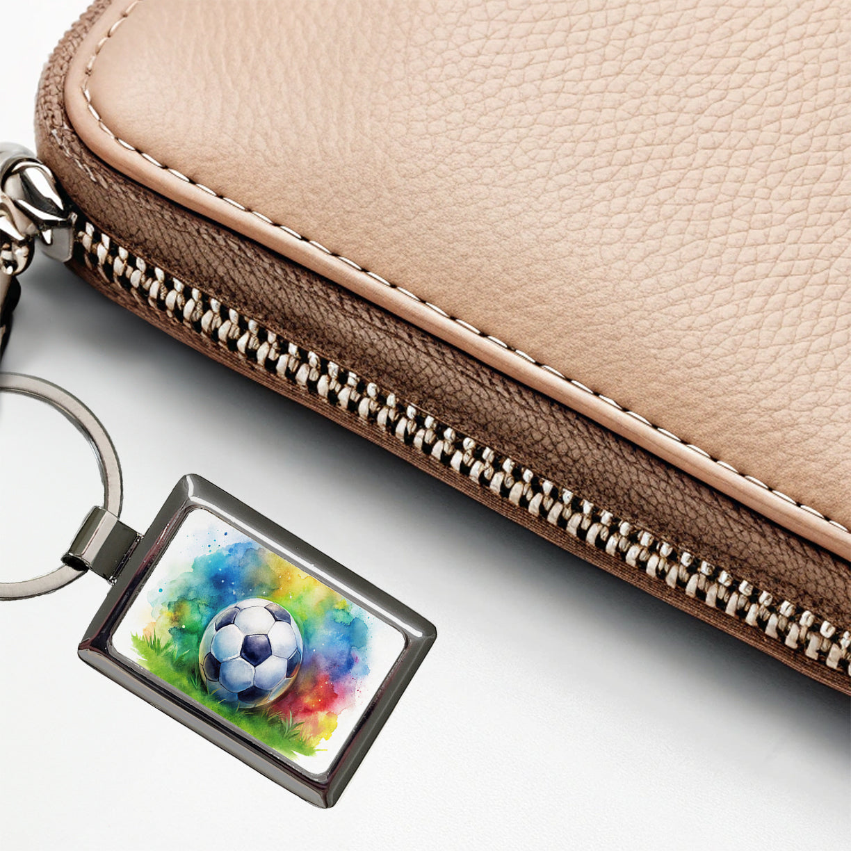 Soccer Ball On Field Watercolor Rectangle Metal Keychain