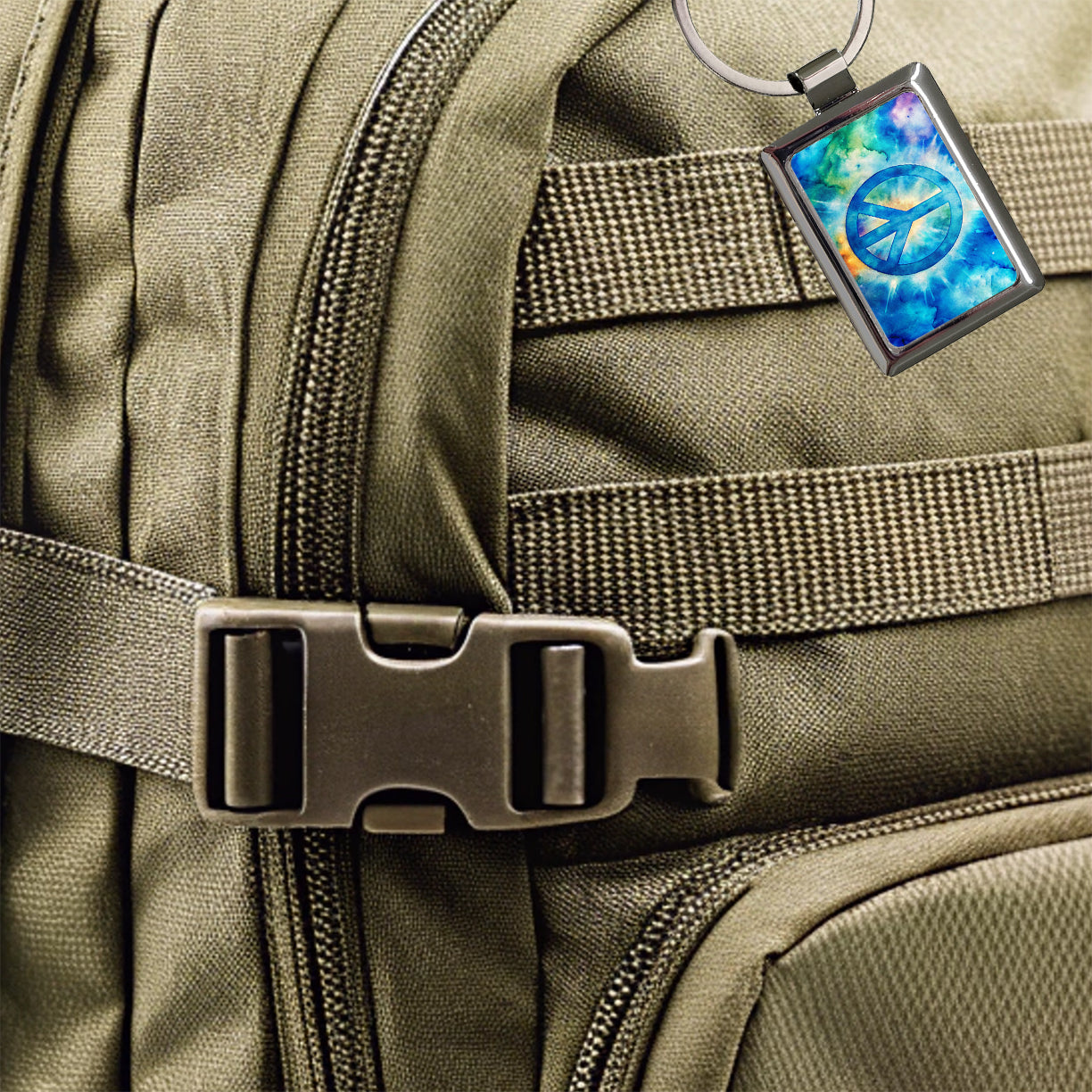 Solid Blue Peace Symbol Tie Dye Background Hippie Watercolor Rectangle Metal Keychain