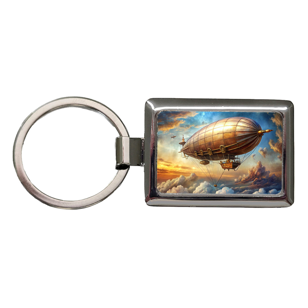 Steampunk Airship Dirigible Flying in Cloudy Sky Fantasy Sci-fi Rectangle Metal Keychain