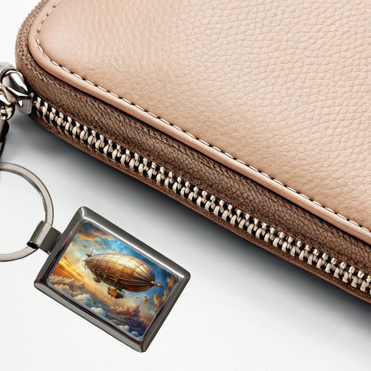 Steampunk Airship Dirigible Flying in Cloudy Sky Fantasy Sci-fi Rectangle Metal Keychain
