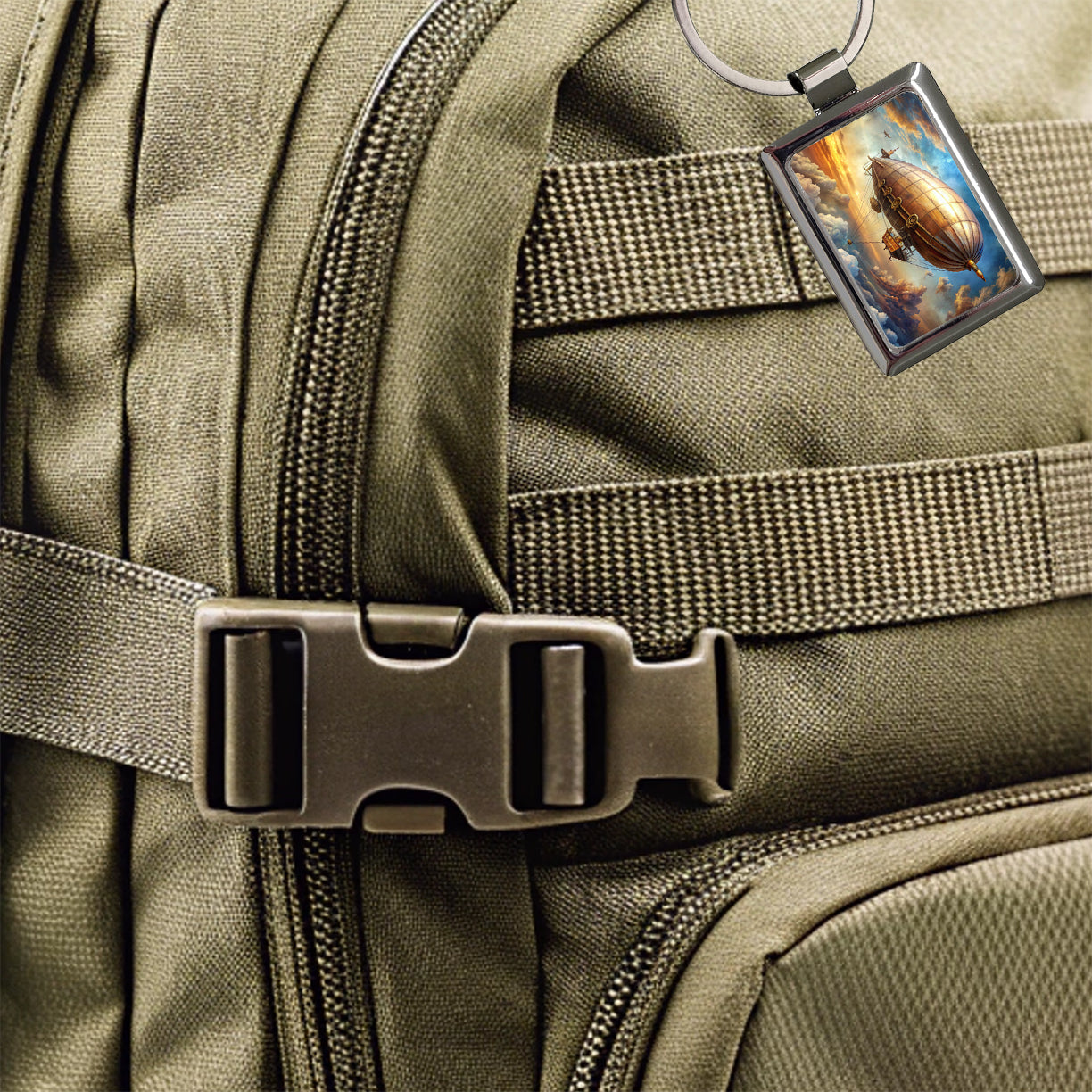 Steampunk Airship Dirigible Flying in Cloudy Sky Fantasy Sci-fi Rectangle Metal Keychain