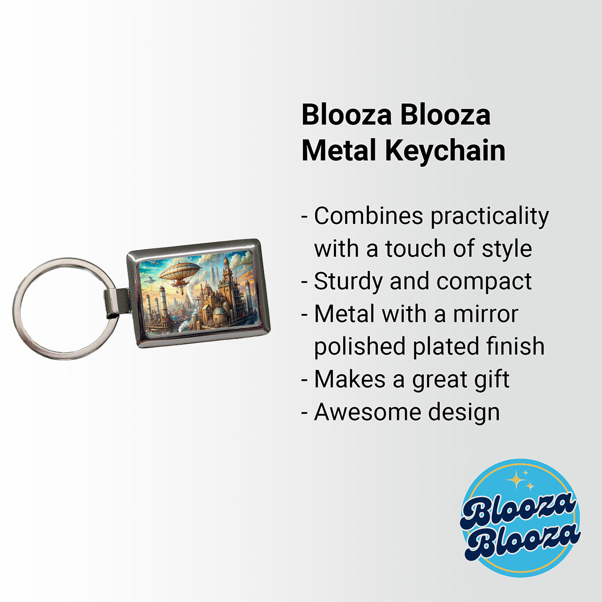 Steampunk City and Airship Fantasy Sci-fi Scene Rectangle Metal Keychain