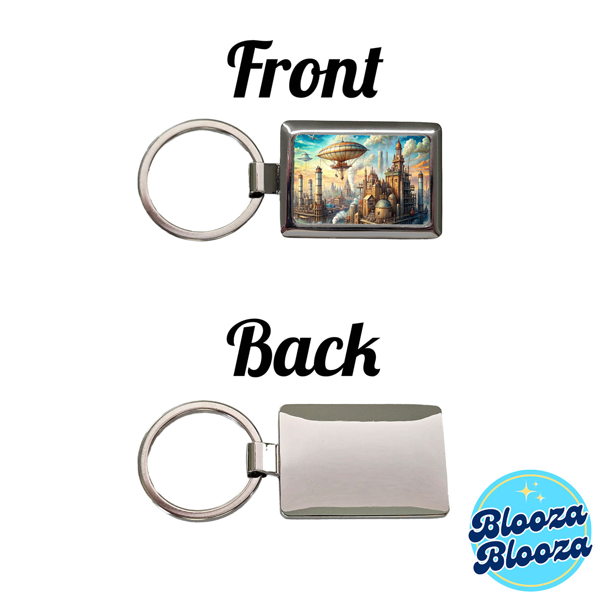 Steampunk City and Airship Fantasy Sci-fi Scene Rectangle Metal Keychain