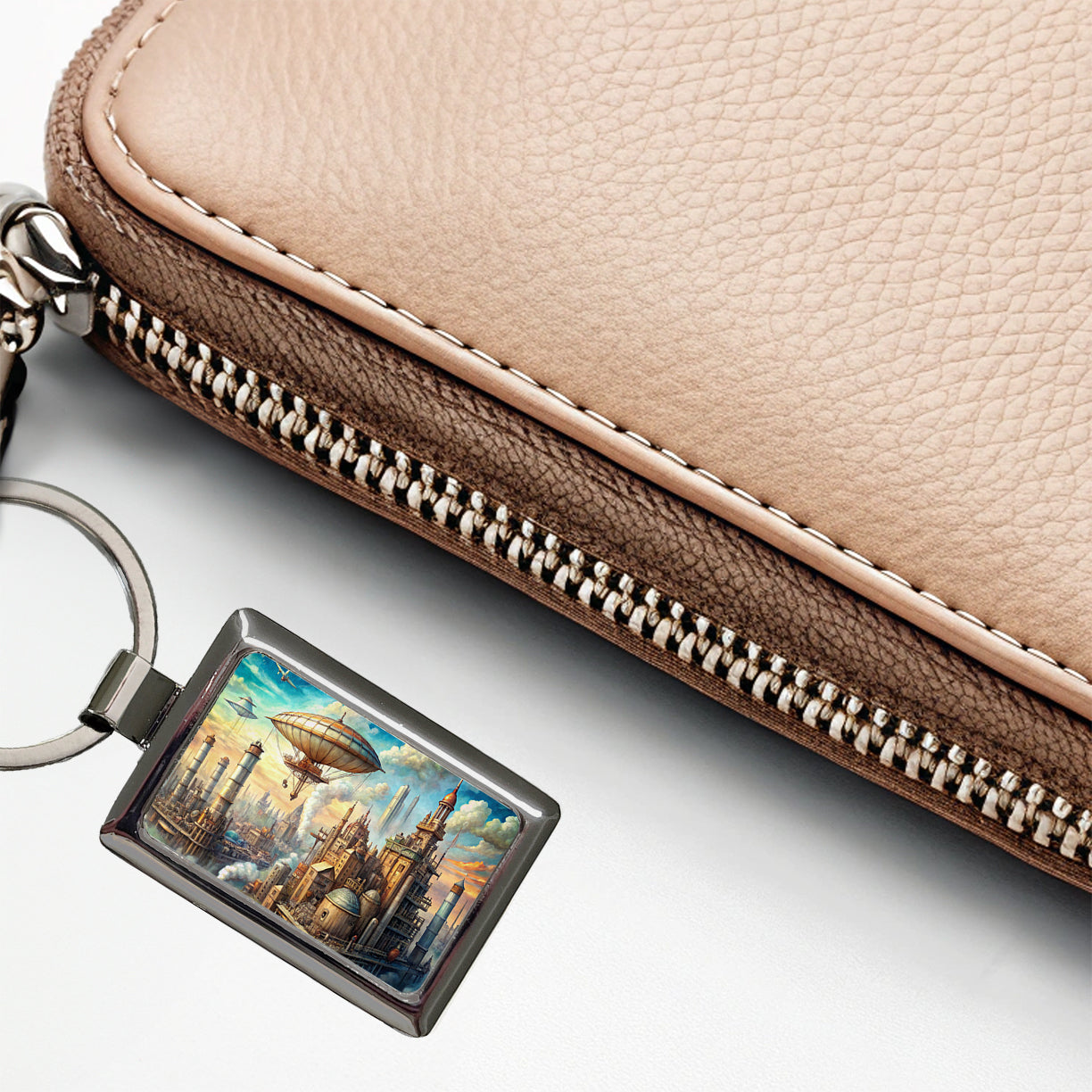 Steampunk City and Airship Fantasy Sci-fi Scene Rectangle Metal Keychain