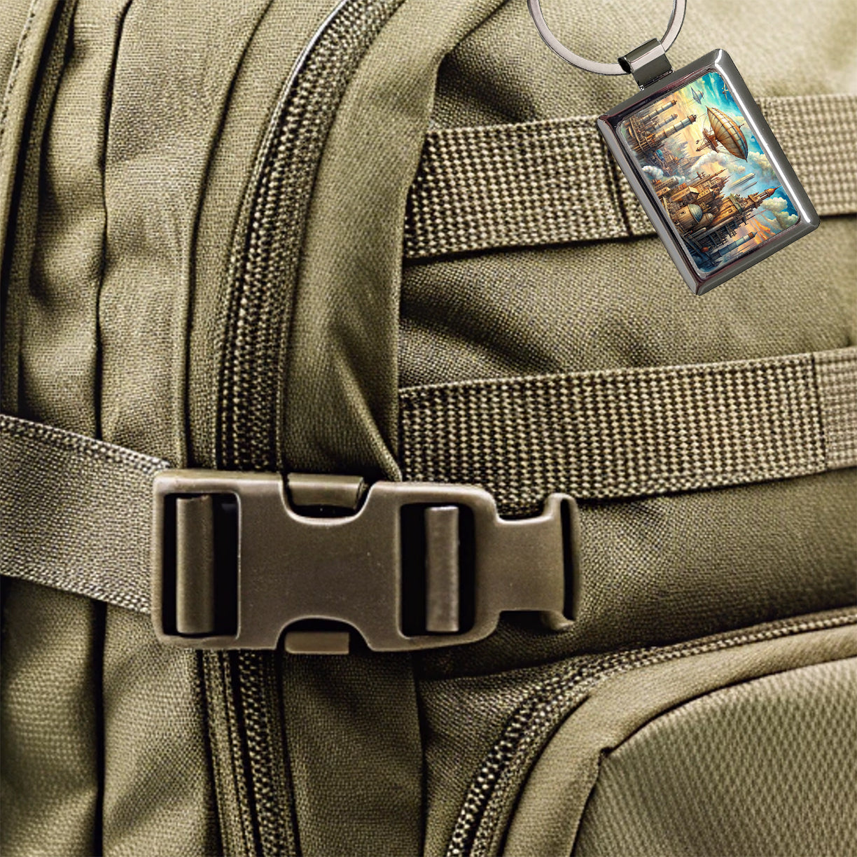 Steampunk City and Airship Fantasy Sci-fi Scene Rectangle Metal Keychain